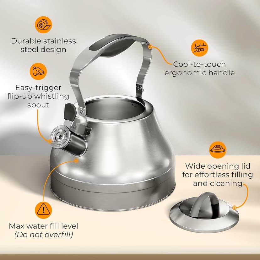 Stovetop Whistling Tea Kettle – 2.4 QT Stainless Steel Teapot with Ergonomic Handle, Fast Heating for Gas, Electric & Induction Stoves – Satin Finish, Silver
