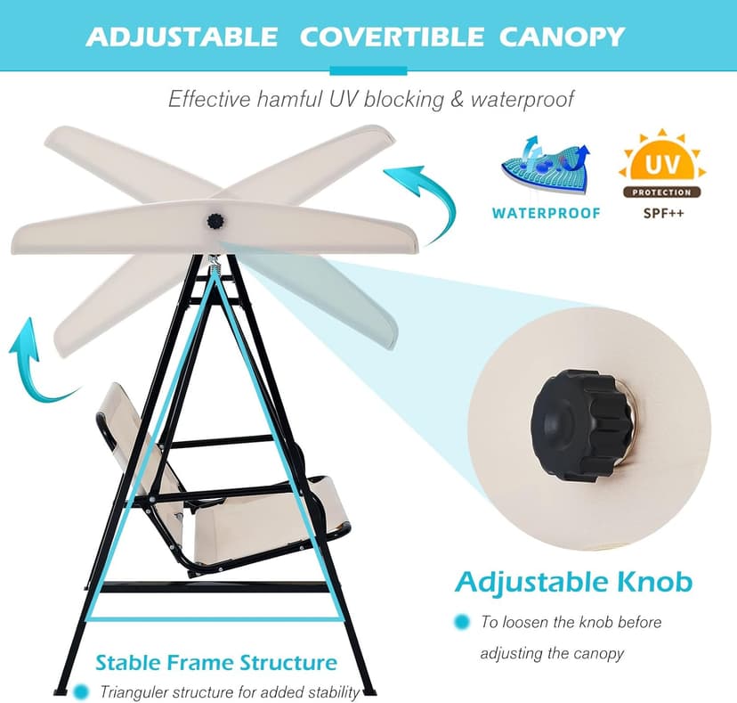 AECOJOY Outdoor Patio Swing Chair for Adults, 2-Seat Porch Swings with Adjustable Canopy, Outside Swing Bench with Removable Cushion, Suitable for Backyard, Garden, Yard, Poolside, Balcony (Beige)