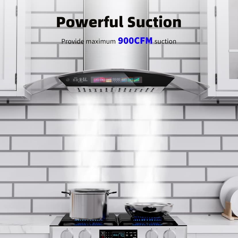 30 inch Wall Mount Range Hood Tempered Glass 900 CFM, Voice/Gesture/Touch Control, Stainless Steel Kitchen Hood Vent with 4 Speed Exhaust Fan, Adjustable Lights, Memory Mode