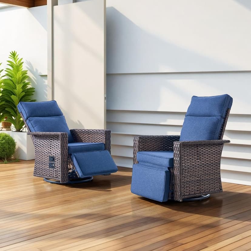 Swivel Patio Recliner Chairs Set of 2, 360° Rotation Outdoor Lounge Chairs, Adjustable Backrest & Footrest, Wide Armrests, PE Wicker with Removable Cushions for Deck, Poolside, Garden