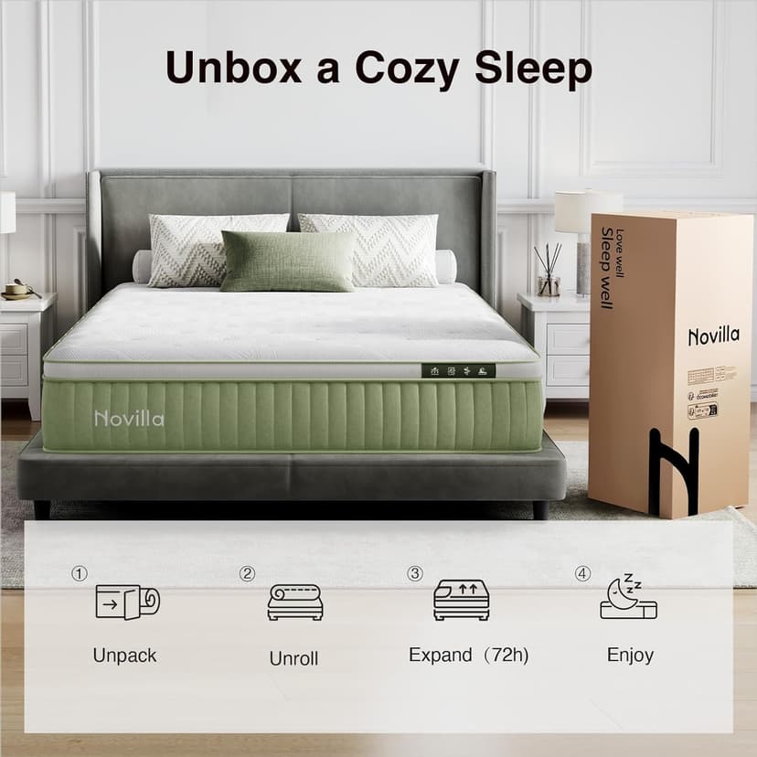 Novilla Hybrid King Mattress, 12 Inch King Size Hybrid Mattress in a Box with Individually Wrapped Coils & Euro Top for Pressure Relief & Motion Isolation & Cool Night Sleep, CertiPUR-US Certified
