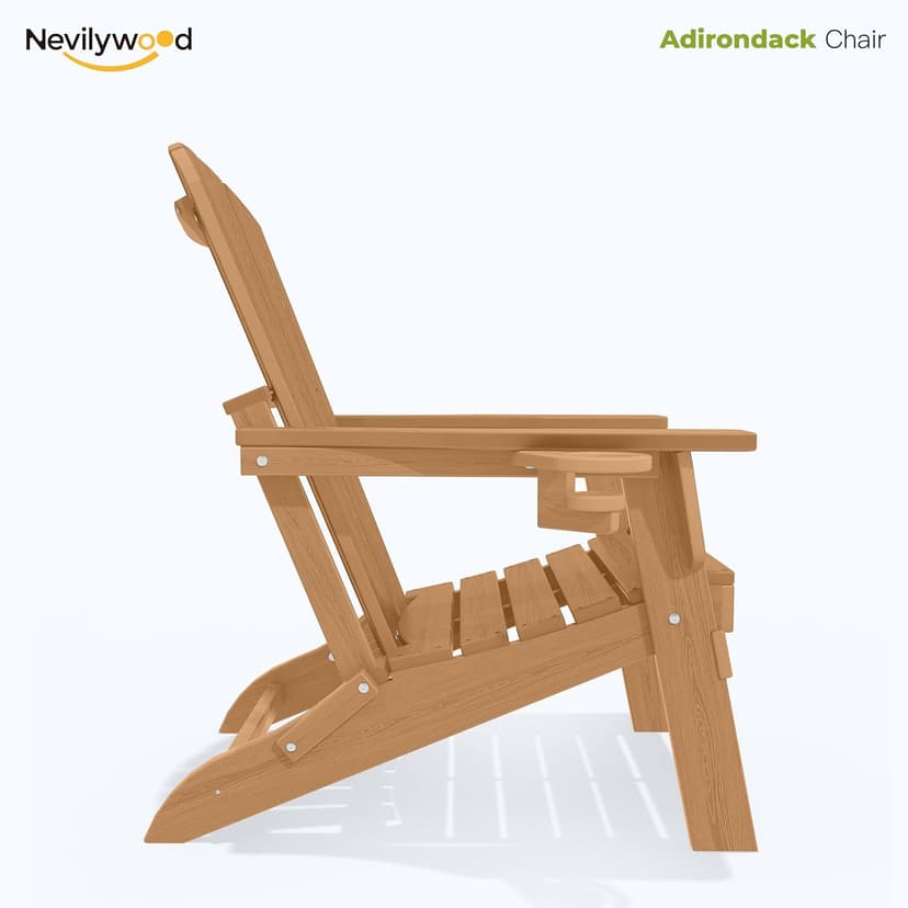 nevilywood Folding Adirondack Chair - Extended Ergonomic Backrest, Cup Holder - Easy Assembly - Durable HDPE Plastic, Weather Resistant & Maintenance-Free - Lawn, Patio, Deck Supports 400lbs Teak