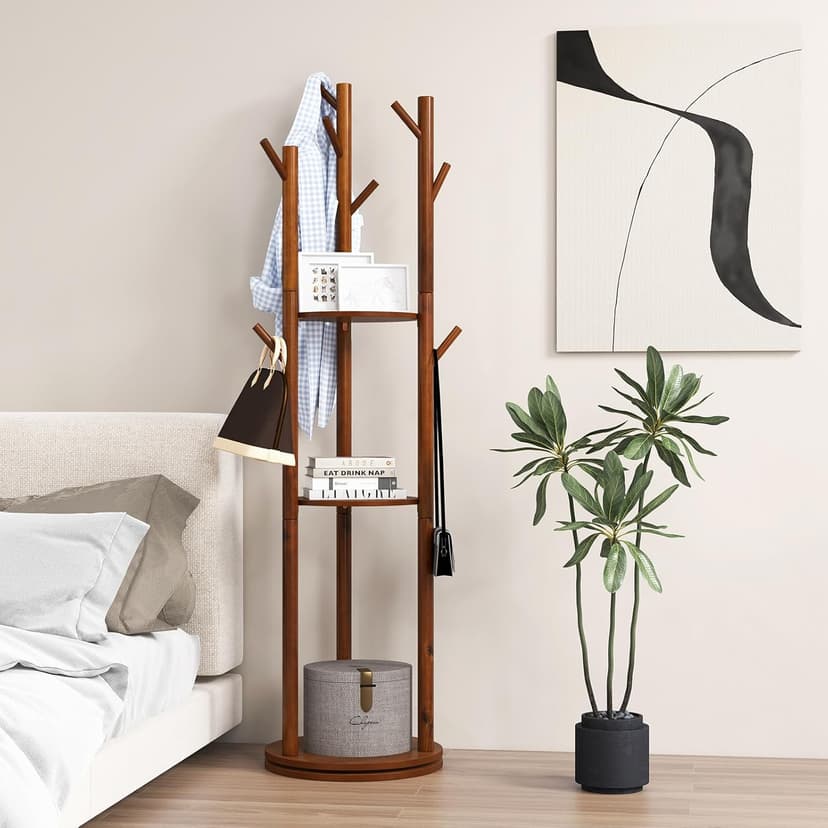 Tangkula Coat Rack Freestanding, Rotary Wooden Coat Tree with 3 Display Storage Shelves & 9 Hooks for Coats, Scarves, Hats & Bags, 66 Inches Coat Hanger Stand for Entryway, Bedroom, Office (Walnut)