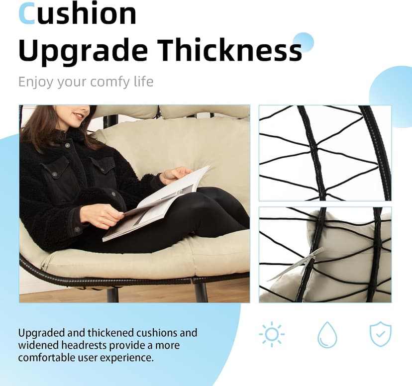 Double Egg Chair wth Stand Hammock Swing Chair Foldable Hanging Loveseat, UV Resistant Removable Cushions, 700LBS Capacity for Bedroom, Balcony, Garden(BK-BE)