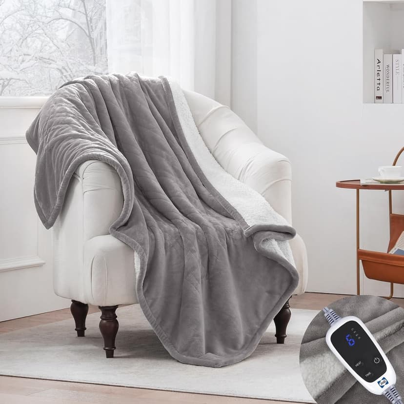 Sealy Electric Throw Blanket, Flannel & Sherpa Heated Throw with 6 Heating Levels & 2-10 Hours Auto Shut Off, Fast Heating & Machine Washable, 50x60 Inch, Light Grey