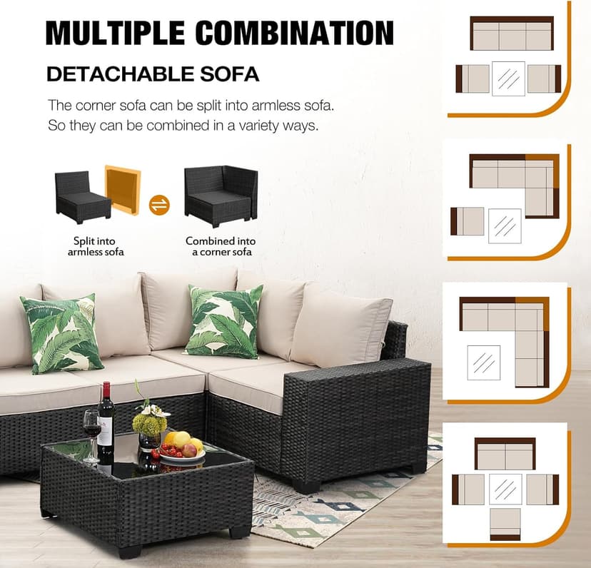 6 Pieces Patio Furniture Set All-Weather Outdoor Wicker Sectional Conversation Sofa Rattan Patio Seating Sofa with Cushion and Glass Table for Porch Poolside,Beige