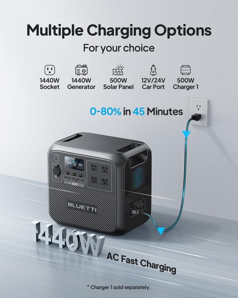 BLUETTI Solar Generator AC180, 1152Wh LiFePO4 Battery Backup w/ 4 1800W (2700W peak) AC Outlets, 0-80% in 45Min, for Camping, Off-grid, Power Outage