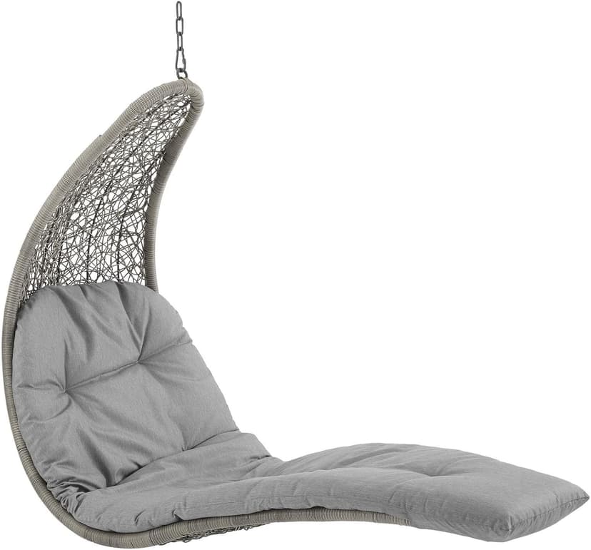 Modway Landscape Wicker Rattan Outdoor Patio Porch Chaise Lounge Hanging Swing Chair Set with Stand in Light Gray Gray