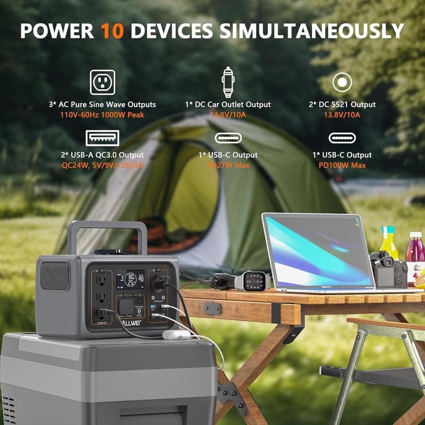 ALLWEI Portable Power Station 500W, 512Wh LiFePO4 Battery, UPS Function, 2.5Hrs Fast Charge, 3 AC Outlets(Surge 1000W), Solar Generator for Outdoor Camping RV CPAP Home Emergency