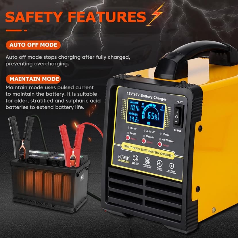 12V 24V Lead-Acid Battery Charger Heavy Duty, 0-15A Smart Automatic Battery Maintainer, Trickle Charger with Repair, Auto Off, Winter Summer Mode, for Car Truck Boat Motorcycle RV Lawn Mower (Yellow)