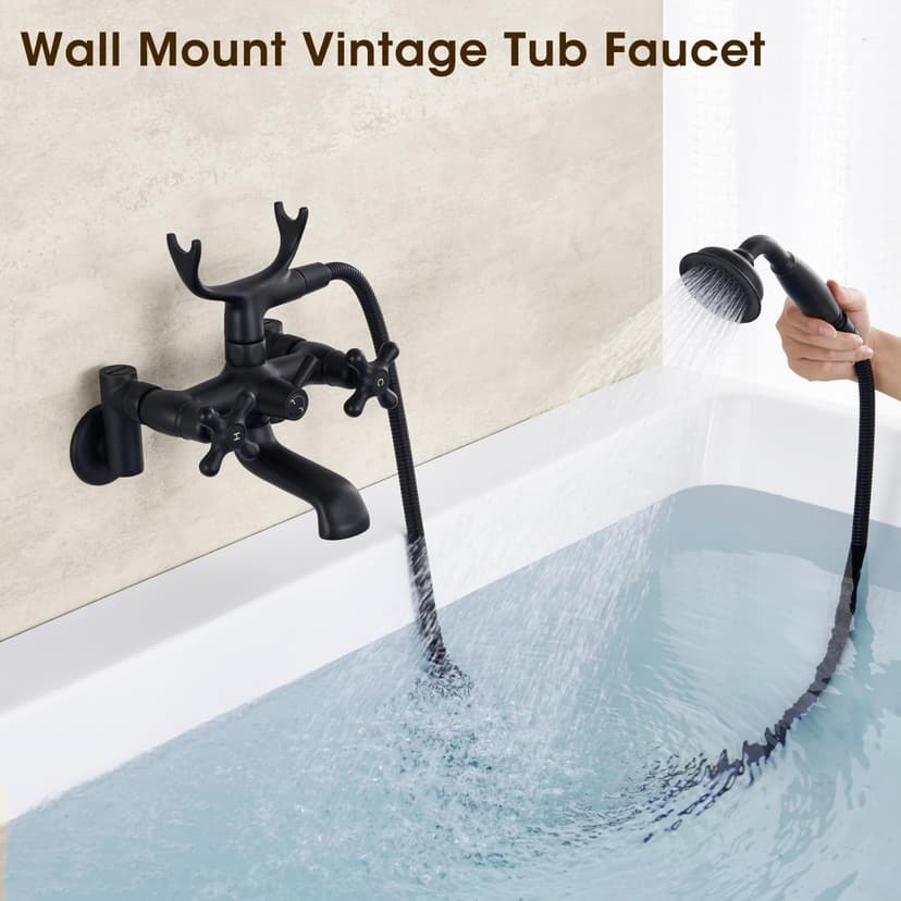 Wall Mount Tub Faucet with Hand Shower 3 to 10in Center Vintage Matte Black Wall Mount Tub Filler Bathtub Faucet Set with Shower Diverter with Valve 8 in Center