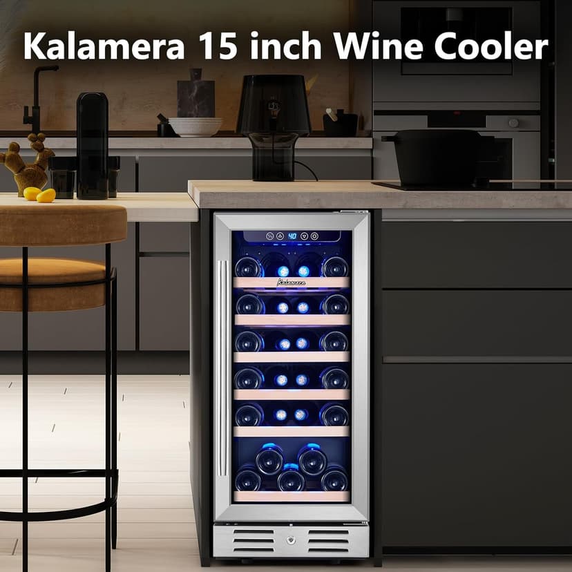 Kalamera Mini Fridge 15" Wine Cooler Refrigerator - 30 Bottle Wine Fridge with Stainless Steel Refrigerator& Double-Layer Tempered Glass Door and Temperature Memory Function Built-in or Freestanding