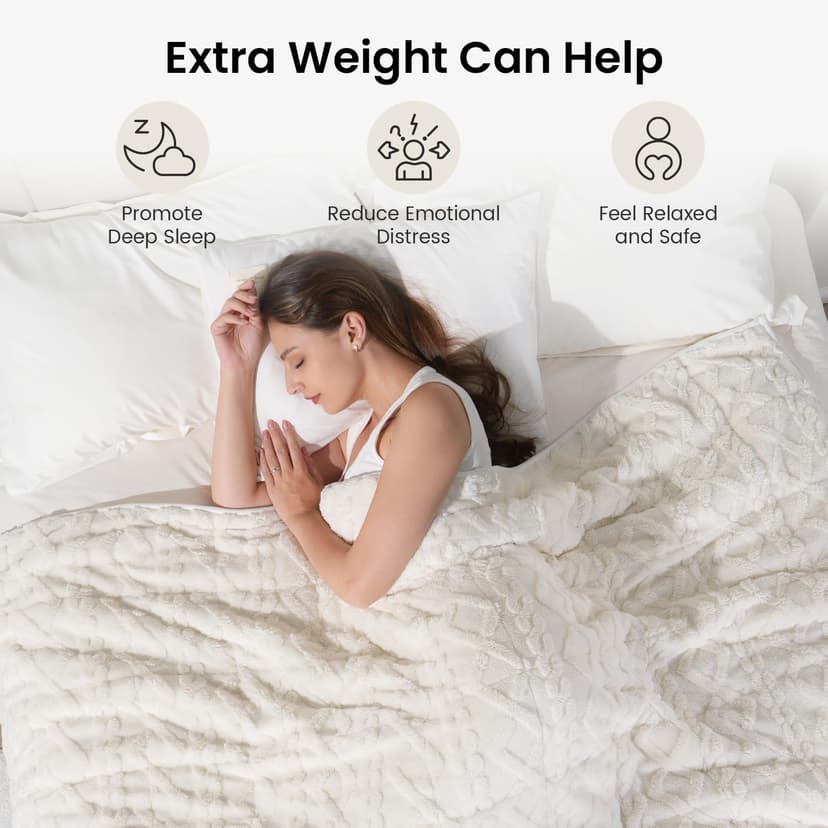 Drewin Weighted Blanket 15lbs Queen Size, Soft and Thick Jacquard Sherpa Heavy Blanket for Calming and Relax, Dual Sided Ultra Soft Fuzzy Throw Blanket with Ceramic Beads, 60 x 80 inches, Cream White