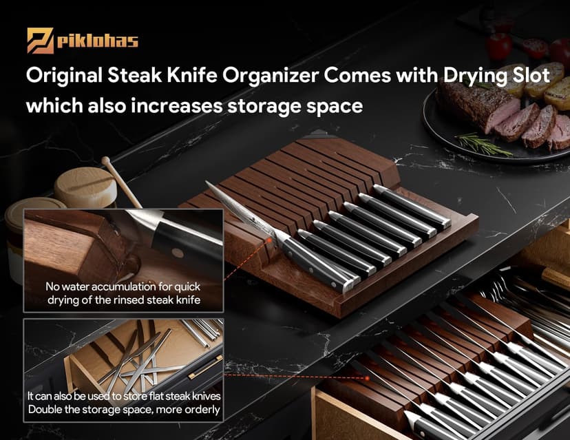 Steak Knives Set of 8 with Drawer Organizer Built-in Sharpener, 4.6 Inch Non Serrated Dinner Knife, Forged German Steel Damascus Pattern Straight Edge Meat Knife with Full Tang Handle, Black