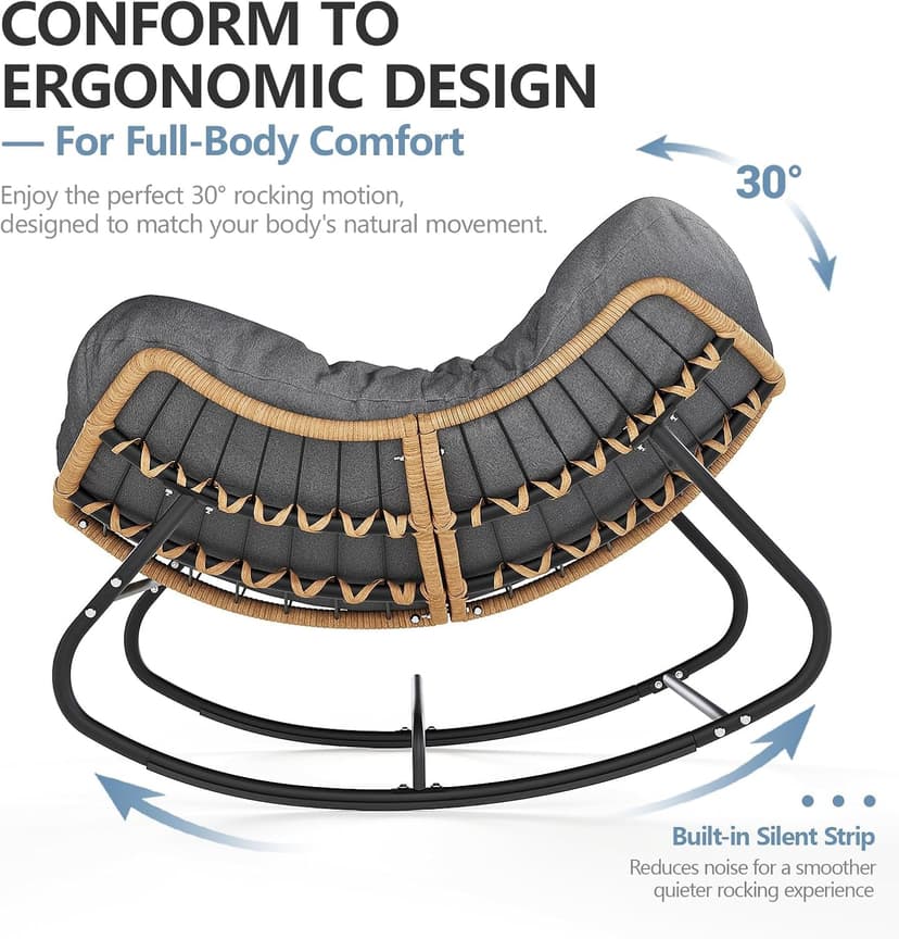 SWITTE Outdoor Rocking Chair, Oversized Patio Papasan Rocker, Comfy Wicker Reading Lounge, Indoor Egg Chair for Bedroom, Living Room, Porch, Garden, Lawn-Dark Grey