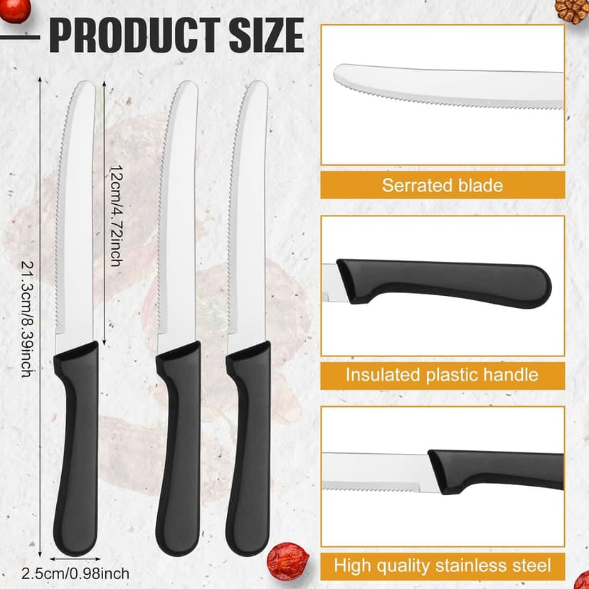 Zhehao 150 Pcs 8.39 Inches Steak Knife Sets Black Stainless Steel Serrated Edge Dinner Knives with Plastic Handle and Round Tip for Home Restaurant