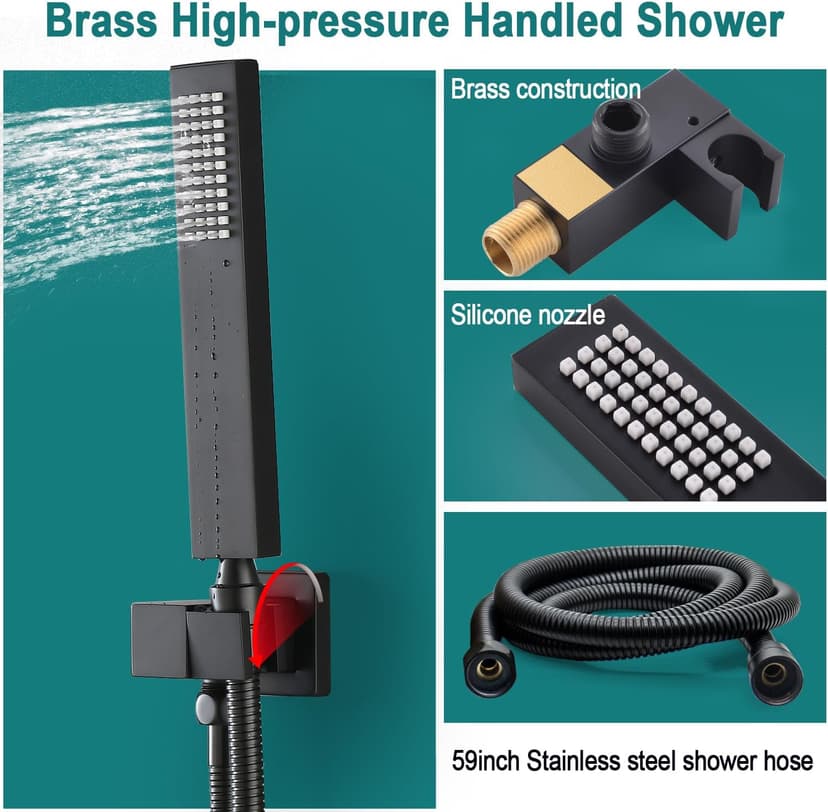 HOMEDEC LED Multi Functions Full Body Shower System with 6pcs Body Jets Spray with（Up/Down ）Shower Spout, Large 3 In 1 Functions 14x20inch Showerhead, Rainfall Mist Shower Faucet Set Complete, Black