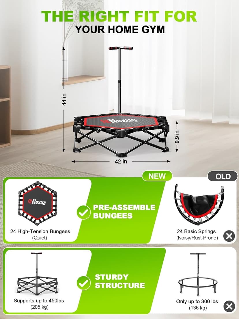 42" Foldable Mini Trampoline- 450lb Capacity Fitness Rebounder w/3-Level Adjustable T-Bar, Adults Workout Trampoline, Non-Slip Pad | Foldable Design for Home/Gym