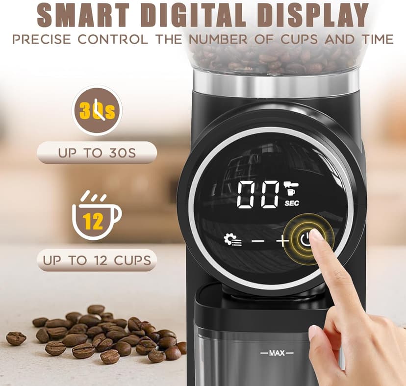 Burr Coffee Grinder Electric, Adjustable Touchscreen Burr Mill with 30 Grinding Settings, Automatic Coffee Beans Grinder for Home Use, 2-12 Cups