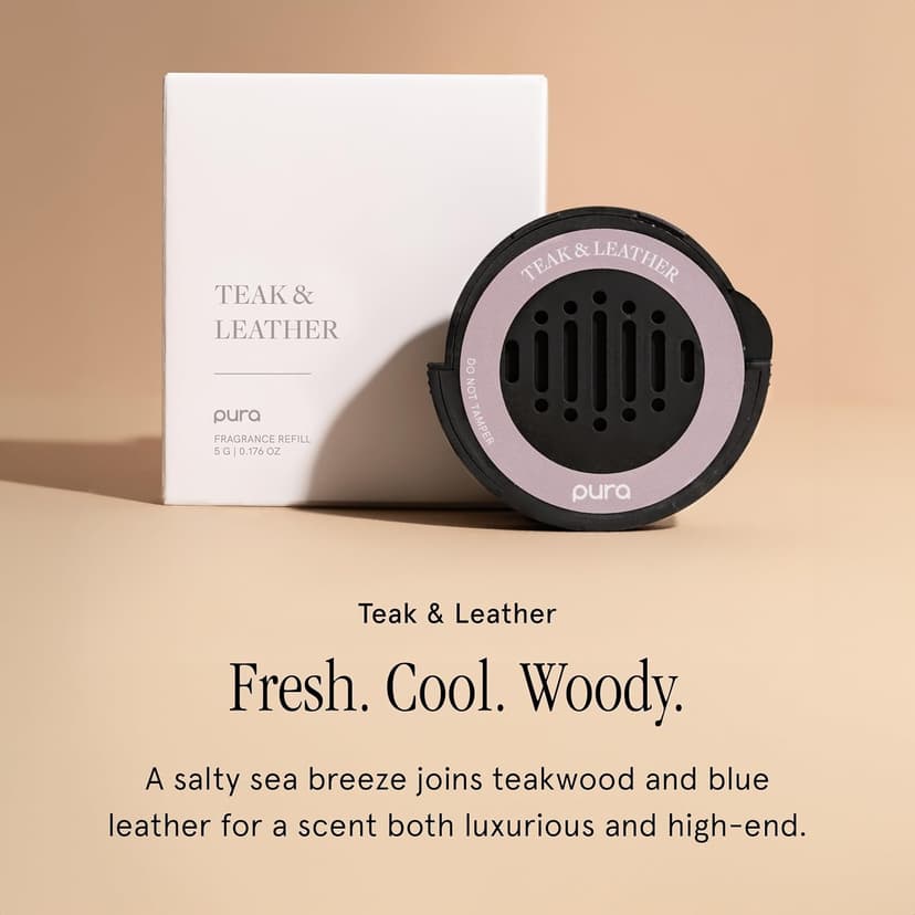 Pura Car Diffuser Starter Set - Smart Car Aroma Diffuser & Premium Car Diffuser Fragrance - Long-Lasting Fragrance for 30 Days of Aroma - Car Must-Have - Teak & Leather