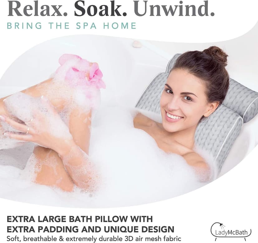 Lady McBath Bath Pillow - Luxury Bath Pillows for Tub Neck and Back Support - Powerful Suction Cups, Machine Washable Bathtub Accessory for Relaxation (Grey)