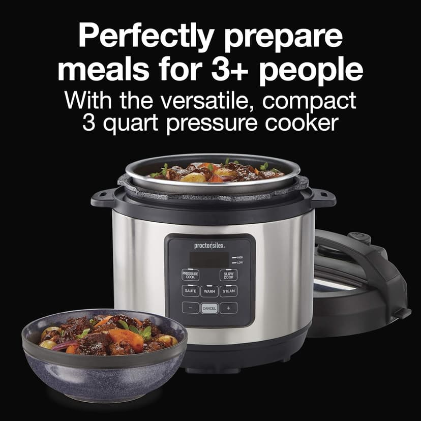 Proctor Silex Proctor-Silex Simplicity 4-in-1 Electric Pressure Cooker, 3 Quart Multi-Function With Slow Cook, Steam, Sauté, Rice, Stainless Steel (34503)