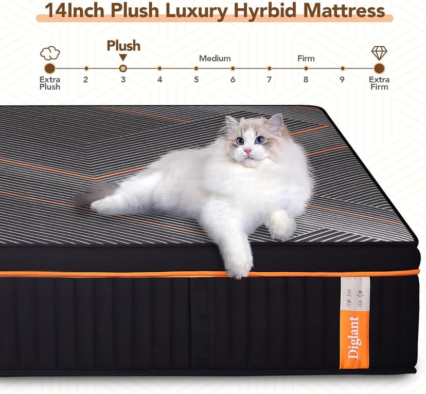 DIGLANT King Mattress,14 Inch Plush Hybrid Mattress, Black Memory Foam with Individually Pocket Coils Mattress King Size in Box, Euro Top Mattress for Pressure Relief,Balanced Support, 76"*80"