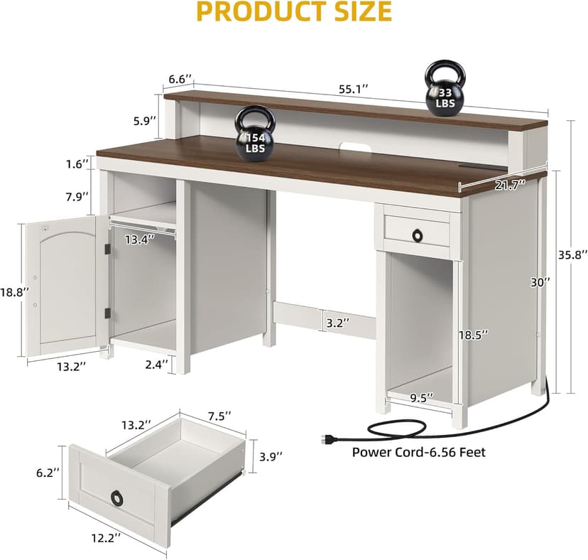 DWVO Farmhouse Office Desk with Drawer & Power Outlets, Wood Computer Desk w/LED Strip & Monitor Stand for Bedchamber Study, Home Office Table with Storage Cabinet for Working Writing Gaming (White)