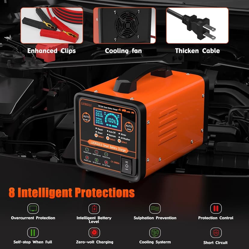 12V/24V Car Battery Chargers Heavy Duty, 0-20A Automatic Battery Maintainer with Auto Shutoffs, Repair, Winter Mode, Smart Trickle Charger for Automotive Car Truck Motorcycle RV AGM Deep Cycle