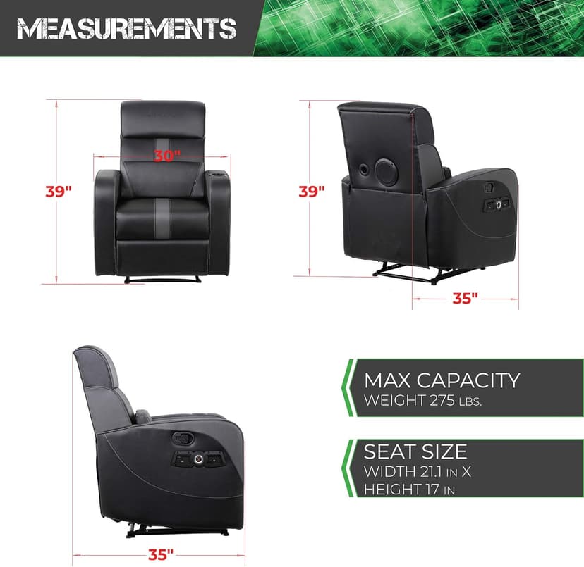 X Rocker Gamma Recliner Gaming Chair, 2.1 Bluetooth Audio System, Headrest Mounted Speakers, Built-in Footrest and Cupholder, 718001, 34.84" x 39.37" x 30.31", Black