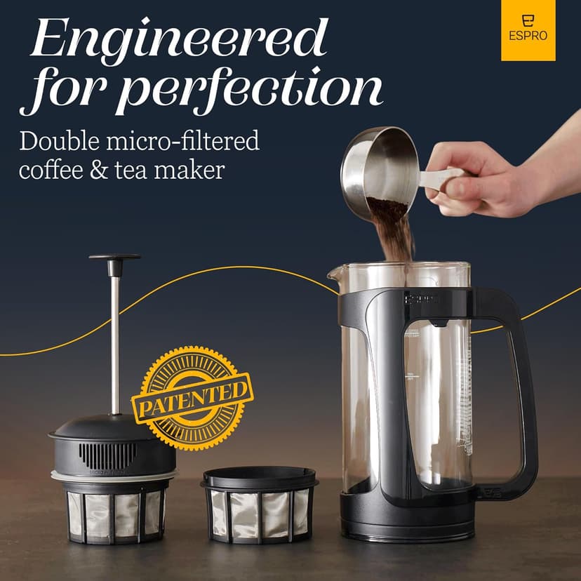 ESPRO - P3 French Press Coffee Maker – Patented Double Microfilter for Sludge and Grit Free Coffee, Black, 32 oz
