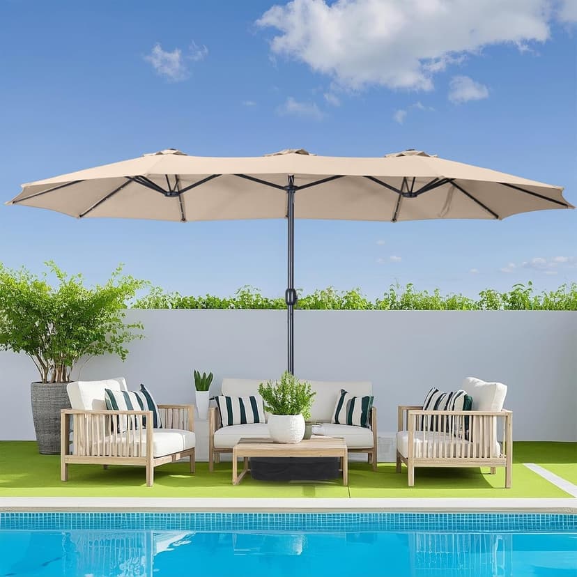 15ft Patio Umbrella with Base Included, Double Sided Outdoor Large Rectangular Patio Umbrella with Crank Handle, for Lawn Garden, Khaki