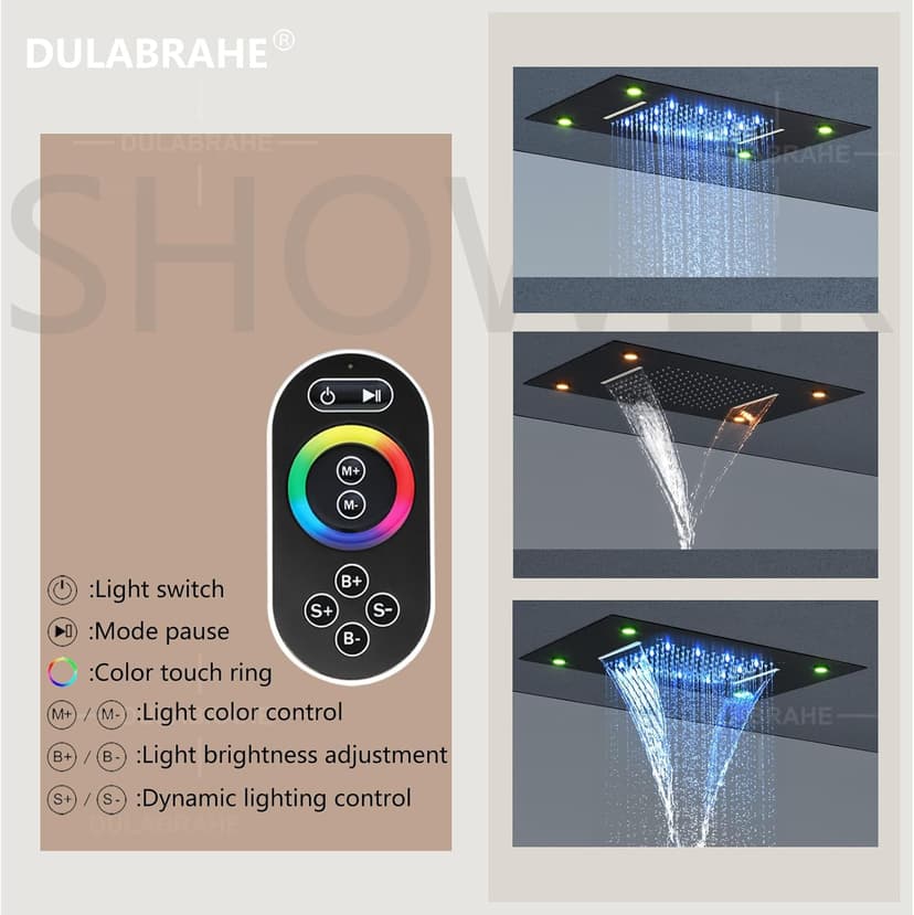 Waterfall And Rain Shower System Faucet Set 14 X 20 Inch LED Ceiling Rainfall Matte Black Shower Head With Handheld Spray Combo Shower Body Jets For Bathroom