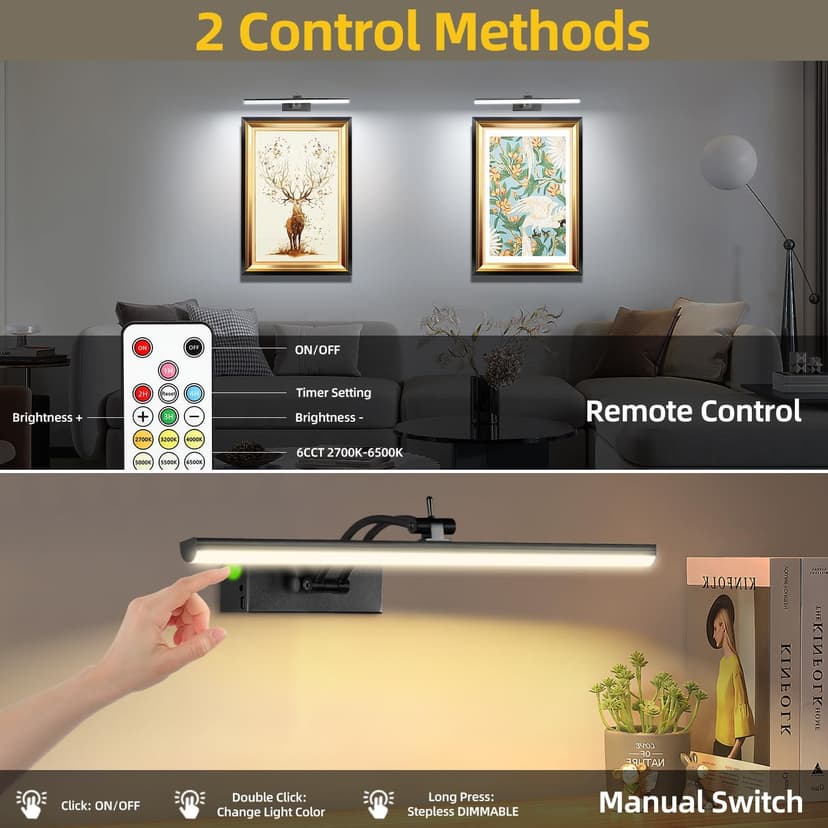 6 Colors Picture Lights Battery Operated with Remote, 16" Cordless Rechargeable Painting Lights with Timer for Wall, 6CCT Dimmable Display Lights for Artwork Gallery Dartboards, 4 Pack (Black)