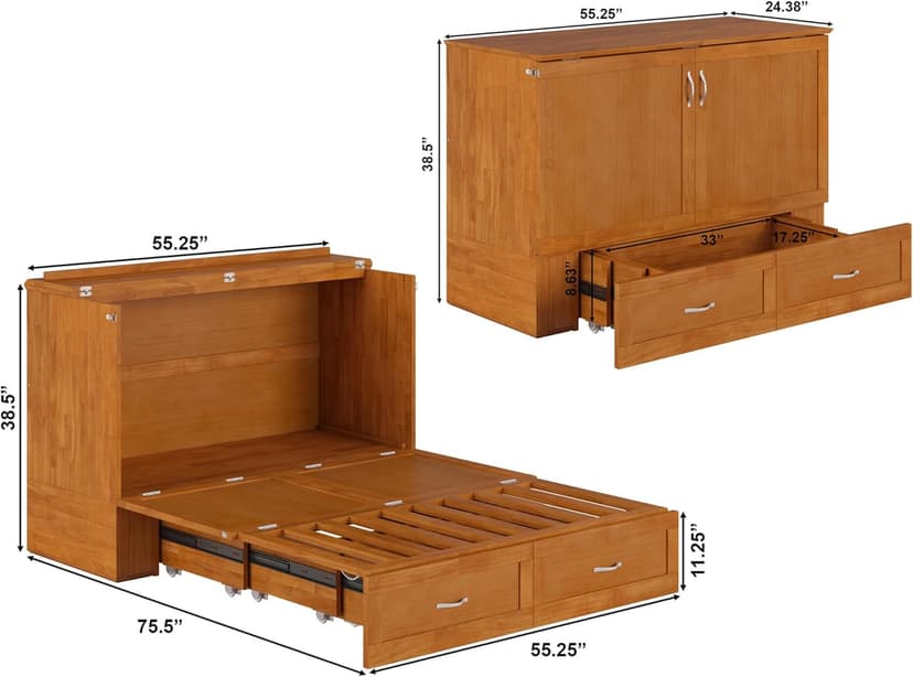 AFI Hamilton Full Murphy Bed Chest with Mattress, Storage, and Built-in Charger in Light Toffee