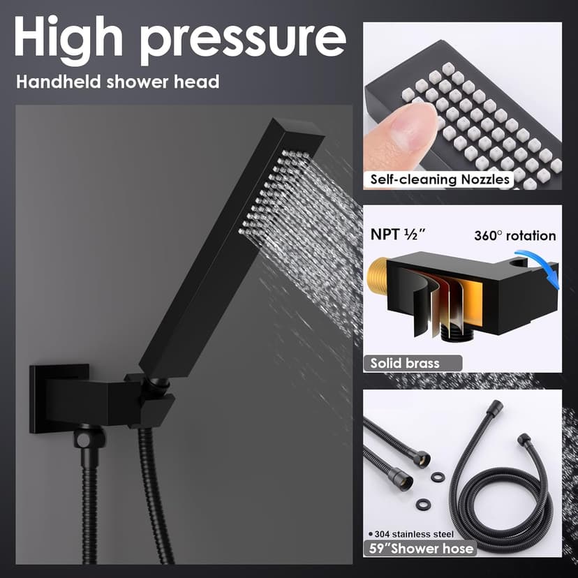 Enga Luxury Dual Shower Head System LED Thermostatic Shower System with 6 inch Wall Shower, 20-Inch 3 Function Shower Head (Rainfall & Mist & Waterfall), Matte Black