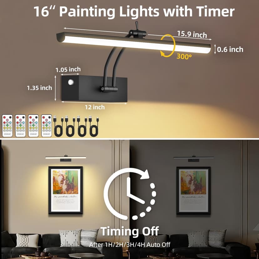 6 Colors Picture Lights Battery Operated with Remote, 16" Cordless Rechargeable Painting Lights with Timer for Wall, 6CCT Dimmable Display Lights for Artwork Gallery Dartboards, 4 Pack (Black)
