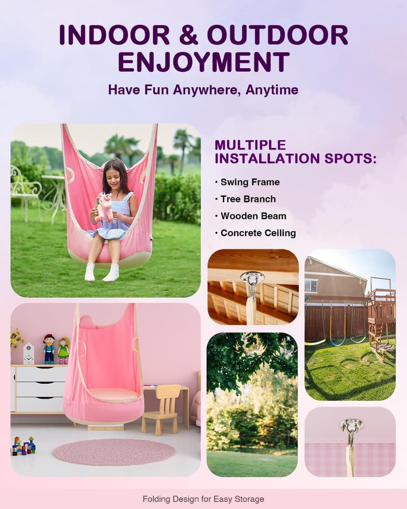 CO-Z Upgraded Kids Hanging Pod Swing Chair with Inflatable Cushion, Child Hanging Hammock for Indoor and Outdoor, Sensory Pod Swing for Kids (Two Straps, Pink)