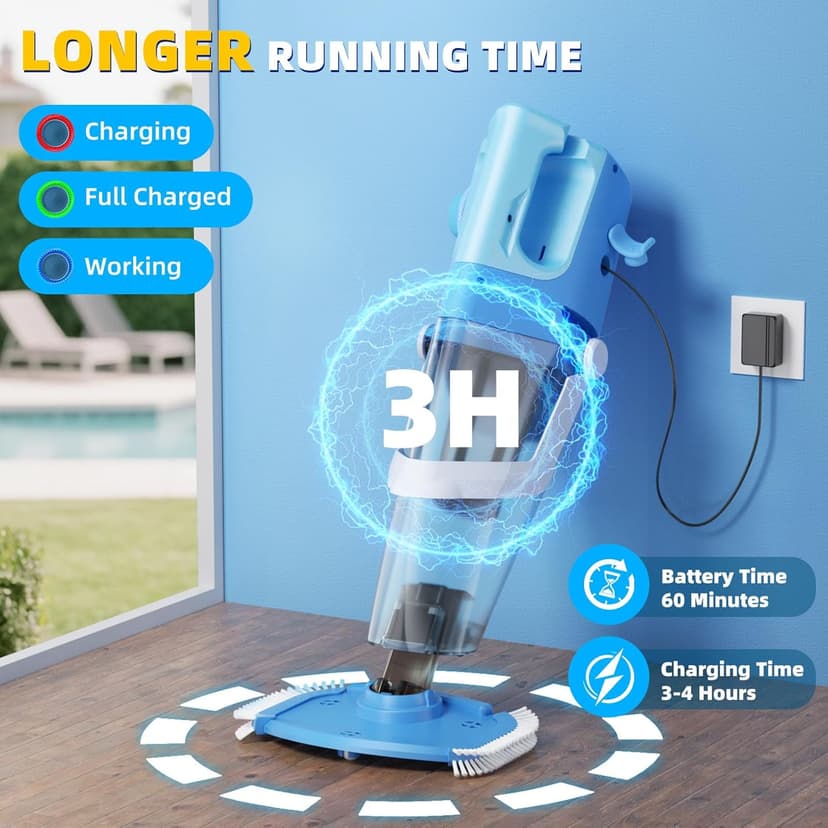 Cordless Pool Vacuum with Telescopic Pole, 26.5 gallons/min Powerful Suction, Handheld Rechargeable Swimming Pool Cleaner with 1H Running Time, Pool Vacuum for Above/In Ground Pools, Spas, Hot Tubs