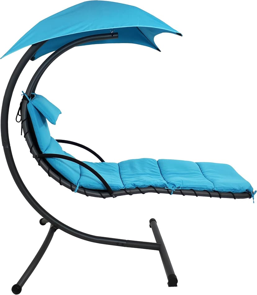 Sunnydaze Floating Chaise Lounger - Outdoor Hanging Patio Swing Chair with Canopy and Arc Stand - 260-Pound Capacity - Teal - 79 Inches Long