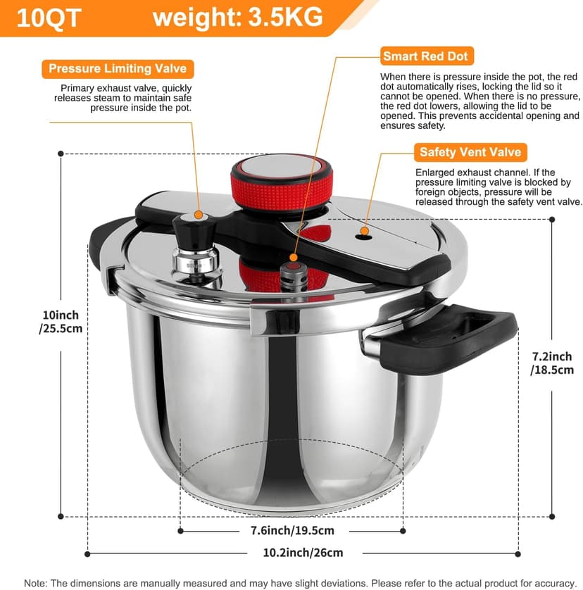 Pressure Cooker 10 QT, Stainess Steel Pressure Canner 10 Quart, Explosion-Proof Cookware, Rotating Lock/Unlock Lid, One-handed lid opening, Thickened Silicone Ring And Anti-scald Handle, Silver