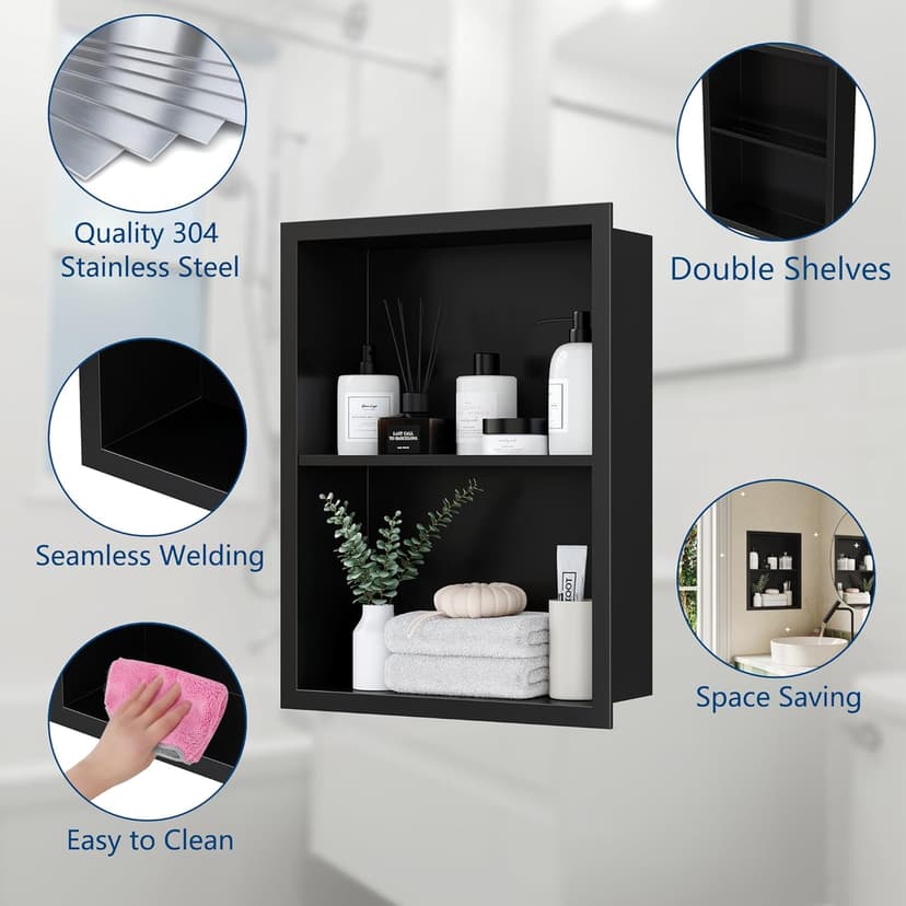 14x18 Medicine Cabinet Recessed, Medicine Cabinet Without Mirror, 304 Stainless Steel Medicine Wall Niche with Double Shelves, Matte Black
