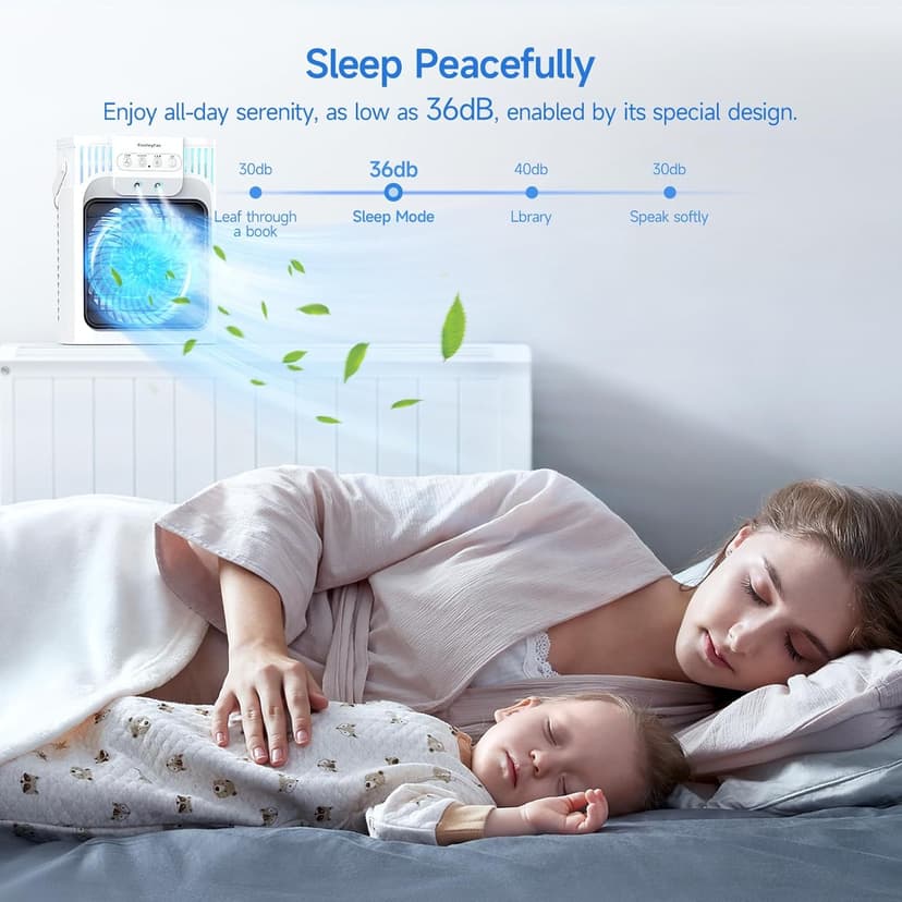 Portable Air Conditioner Cooling Fan with Remote, Quiet with 3 Speeds, 1200ml Evaporative Personal Air Cooler Fan with 3 Mist, 7 Night Light, 8H Timer, Small Air Conditioner for Bedroom Office