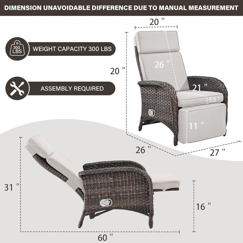 Versatile Outdoor Recliner Chair - Reclining Patio Chair with Adjustable Backrest and Footrest, All-Weather Wicker Chaise Lounge Chair Outdoor for Pool Deck Brown