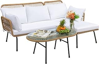 Devoko Outdoor Patio Furniture Set, Outdoor Sectional Conversation Rope Woven L-Shaped Sofa Set with Patio Table and Thick Cushions for Backyard Porch Balcony Garden, White