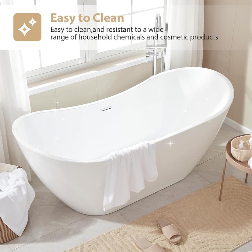 Vanity Art 71" Freestanding Bathtub | Free Standing Tub Stand Alone Tub with Contemporary Design for Soaking and Bathing, Overflow and Pop-up Drain with UPC Certified, Acrylic, VA6517-PW