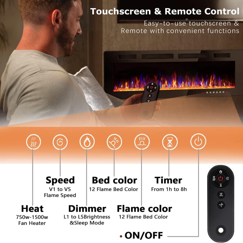 Vitesse 72 inch Ultra-Thin Electric Fireplace in-Wall Recessed and Wall Mounted Fireplace Heater,Linear Fireplace with Multicolor Flame,Timer,Low Noise,750/1500W,Touch Screen & Remote Control(72’’)