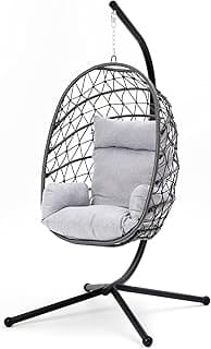 RoyalCraft Hanging Egg Chair Outdoor Swing Chair with Stand, Hammock Chair Indoor, Patio Boho Wicker Hanging Chair with Stand 350lbs Capacity for Garden, Balcony, Bedroom, Black & Gray