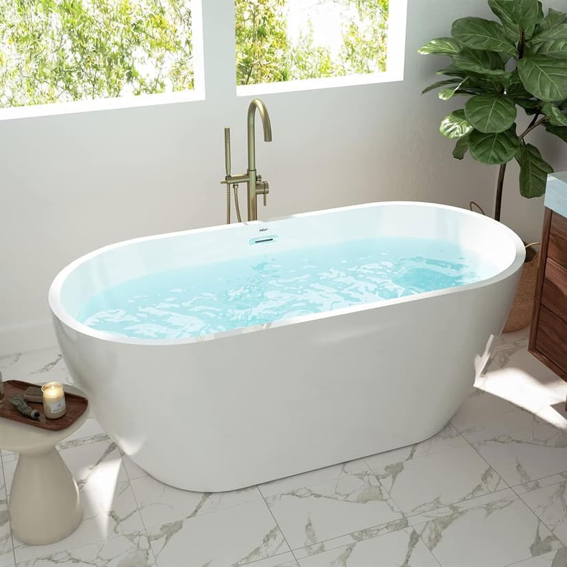 FerdY Bali 59" Acrylic Freestanding Bathtub, Gracefully Shaped Freestanding Soaking Bathtub, Toe-Tap Chrome Drain and Classic Slotted Overflow Included, Glossy White, cUPC Certified