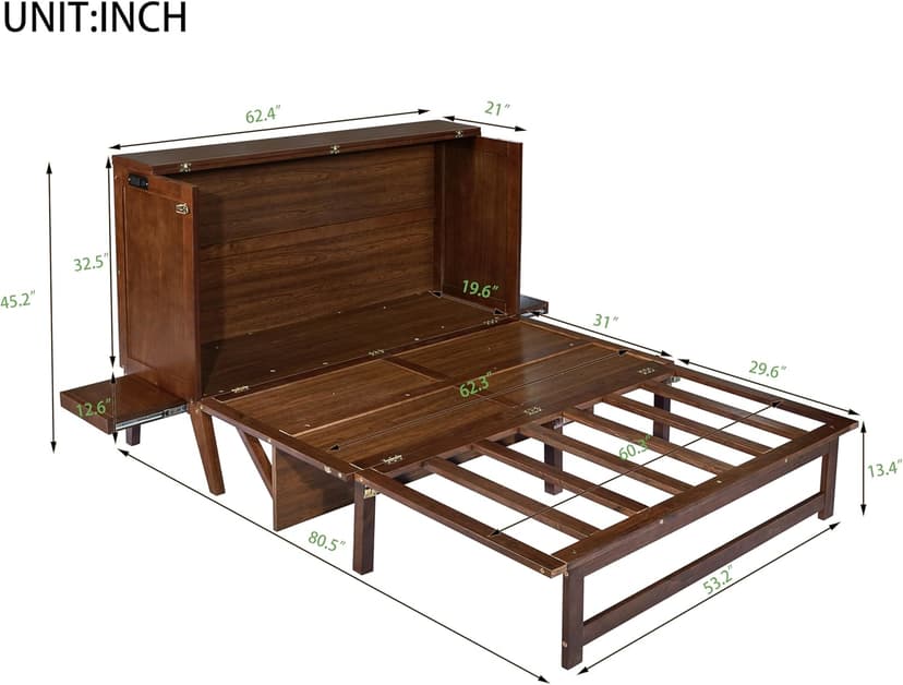KEIKI Queen Size Cabinet Murphy Bed with Charging Station, Drawer, Removable Shelves, Multiple Storage Foldable Hideaway Wall Murphy Bed Frame, No Box Spring Needed, Easy Assembly, for Bedroom, Walnut
